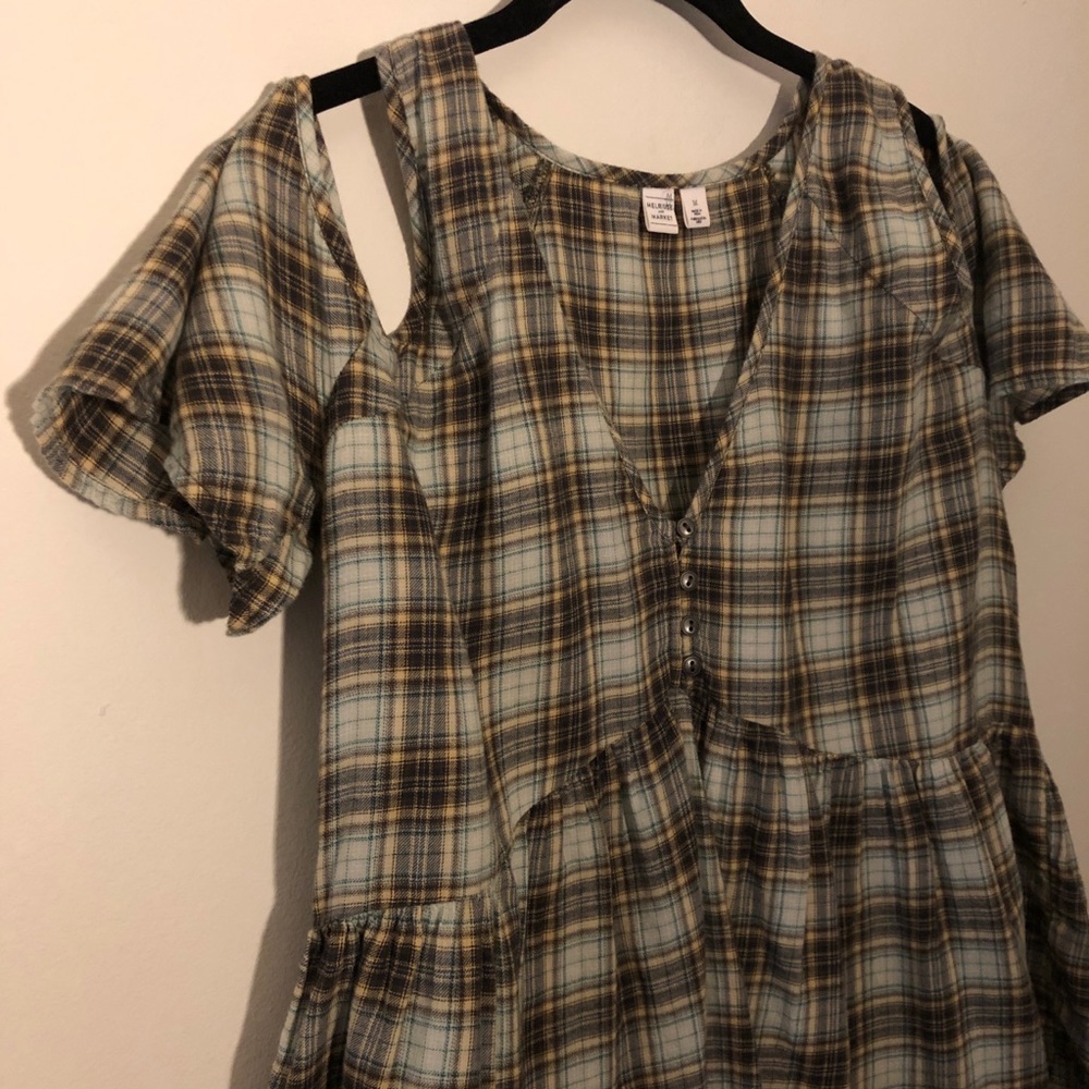 Melrose & Market | Cold shoulder blouse | Plaid
